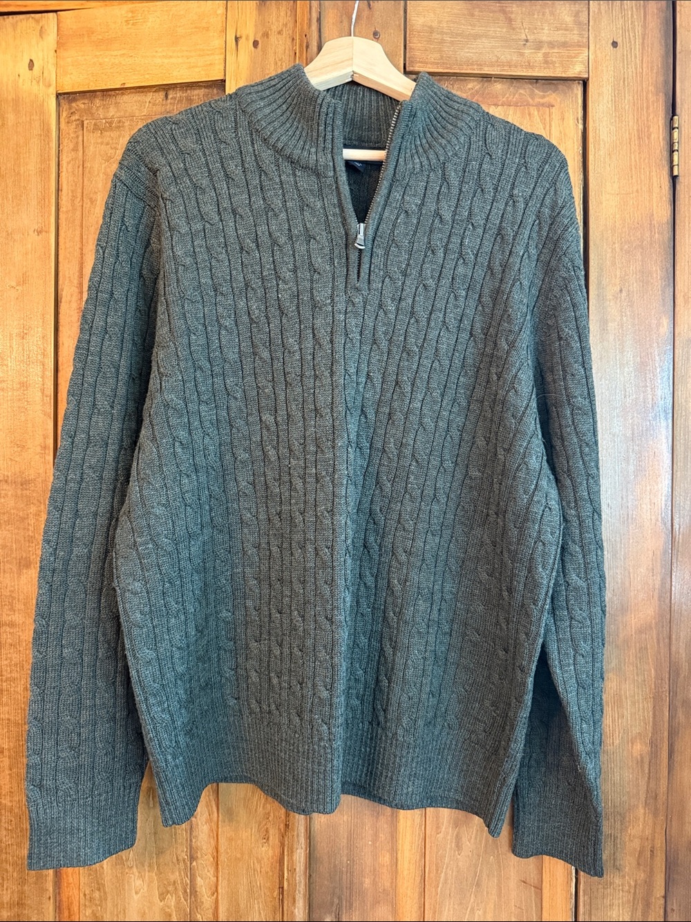 Lands' End Wool Men's L Cable-Knit Quarter-Zip Sweater Heather Green